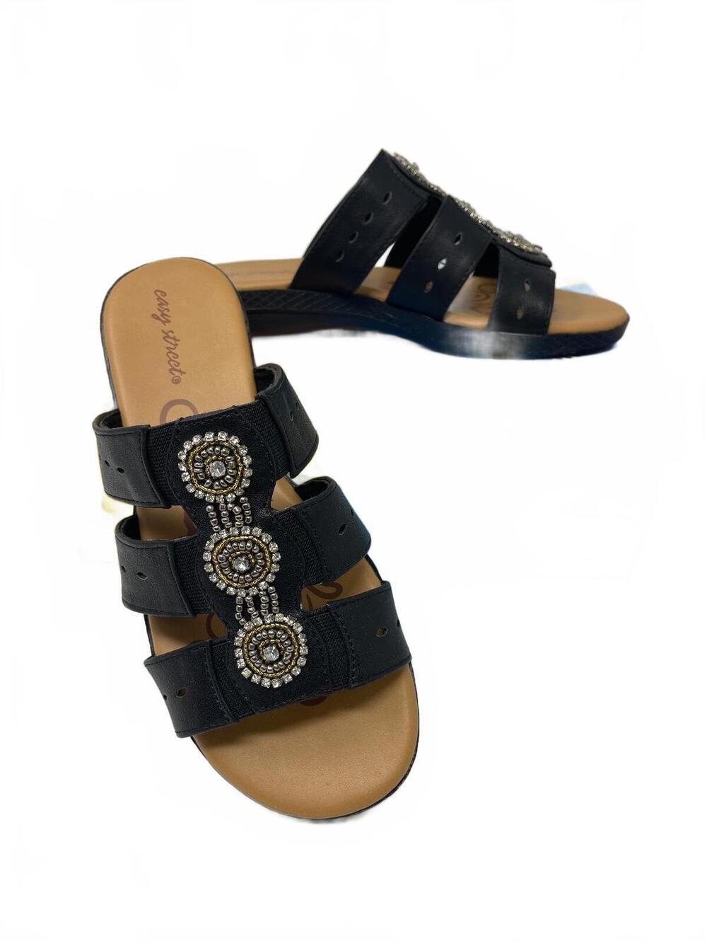 Easy Street Black Embellished Slide Sandals Low Wedge Comfort Shoes Box Included